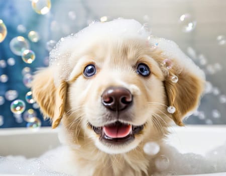 golden retreiver puppy is happy in the bubble bath generative ai