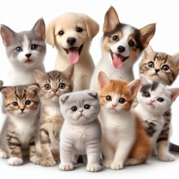 cute and adorable puppies and kittens together on white background generative ai