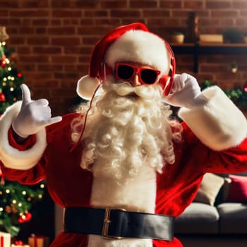santa with headphones and sunglasses dancing in the lounge room generative ai