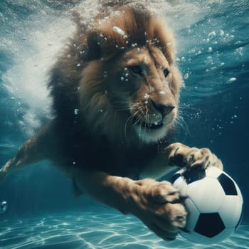 a lion swimming underwater in pool to get the ball generative ai