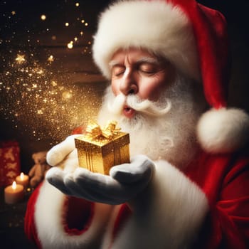 santa claus blowing magical glittering wishes with this gift generative ai