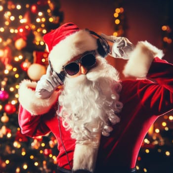 santa with headphones and sunglasses dancing in the lounge room generative ai
