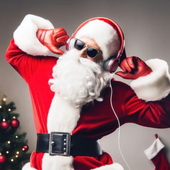 santa with headphones and sunglasses dancing in the lounge room generative ai