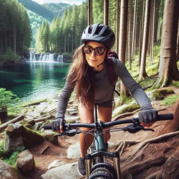 young woman on a mountain bike enjoying a nature trail generative ai