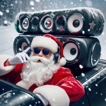 santa with a massive sound system riding in the sleigh generative ai