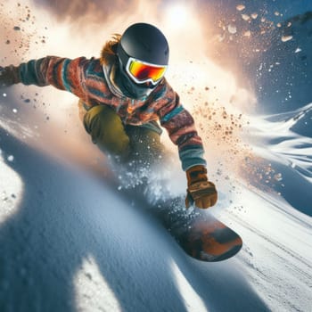 high action close up image of a person snowboarding generative ai