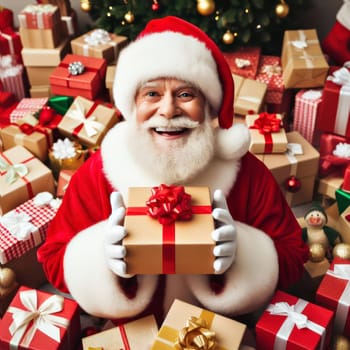 very happy santa claus is surrounded by gifts and presents generative ai