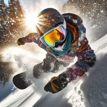 high action close up image of a person snowboarding generative ai