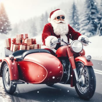 santa claus on a red motorbike with gifts and presents in the sidecar generative ai