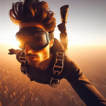 close up selfie of person skydiving above a city generative ai