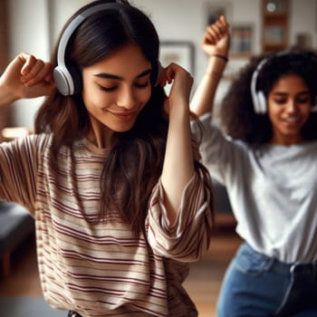 two teenagers dancing together to music with headphones at home generative ai