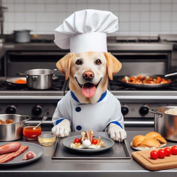 the cook in this restaurant kitchen is a labrador dog wearing chefs hat and jacket generative ai