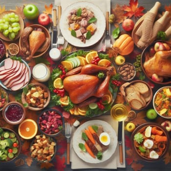 illustration of top down view of laden table full of food for christmas or thanksgiving dinner generative ai