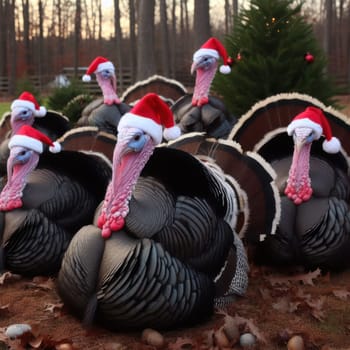 comical turkeys wearing santa hats all ready for christmas generative ai