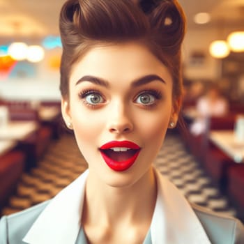pretty waitress in diner with lipstick is amazed generative ai