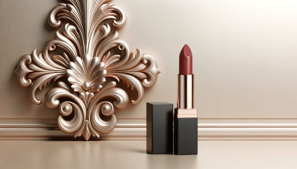 Elegant ornate wall design in champagne gold with a dark red lipstick on the side. Created using AI Generated technology and image editing software.