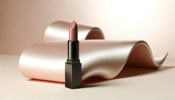 Pearlescent rose gold rolls with a muted rose lipstick front and center. Created using AI Generated technology and image editing software.