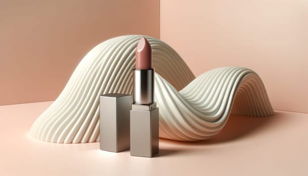 Wavy white sculpture with a nude lipstick on a soft peach pink pastel background. Created using AI Generated technology and image editing software.