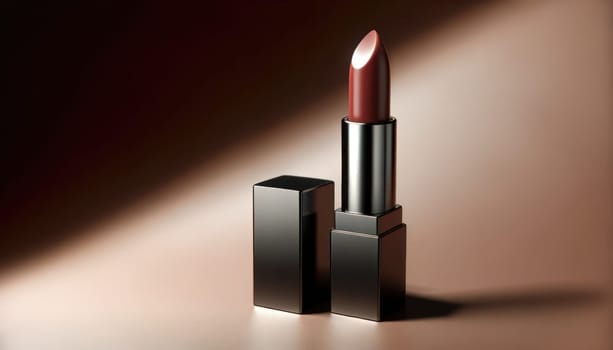 Mauve lipstick with metallic case on a soft brown background with a diagonal shadow. Created using AI Generated technology and image editing software.