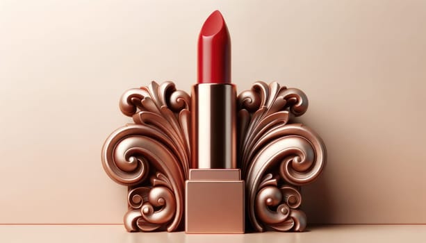 Bright red lipstick with bronze ornamental design on a beige background. Created using AI Generated technology and image editing software.