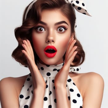 pretty woman in a spotted dress and bright lipstick is shocked generative ai