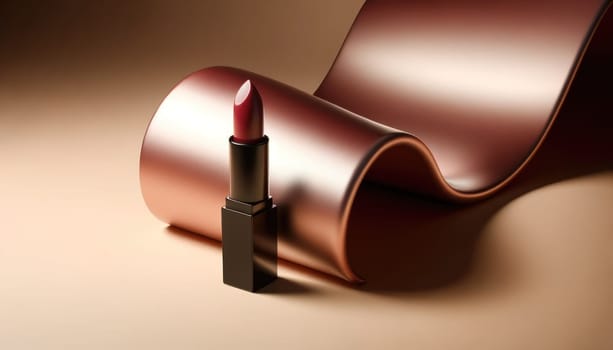 Glossy copper curves with a soft cherry lipstick prominently displayed. Created using AI Generated technology and image editing software.
