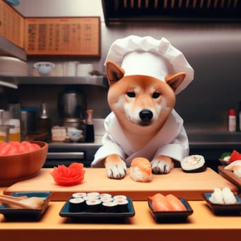 the cook in this sushi restaurant kitchen is a shiba inu dog wearing chefs hat and jacket generative ai