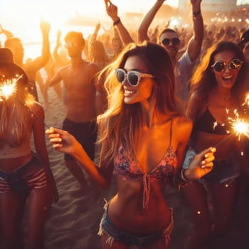 attractive woman partying with other people at the beach at sunset generative ai