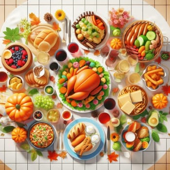 illustration of top down view of laden table full of food for christmas or thanksgiving dinner generative ai