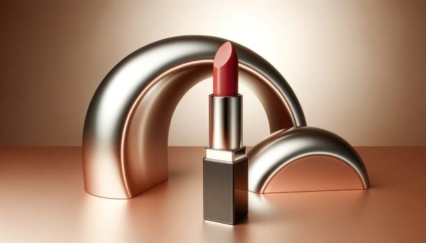 Gold metallic arches with a red lipstick in the foreground. Created using AI Generated technology and image editing software.