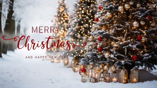 Merry Christmas and Happy New Year wishes with Christmas decorations background. Season's greetings.