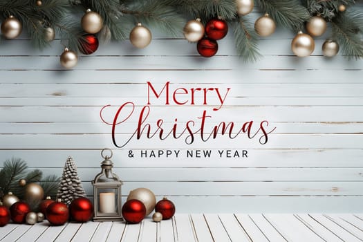 Merry Christmas and Happy New Year wishes with Christmas decorations background. Season's greetings.