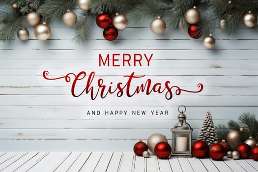 Merry Christmas and Happy New Year wishes with Christmas decorations background. Season's greetings.