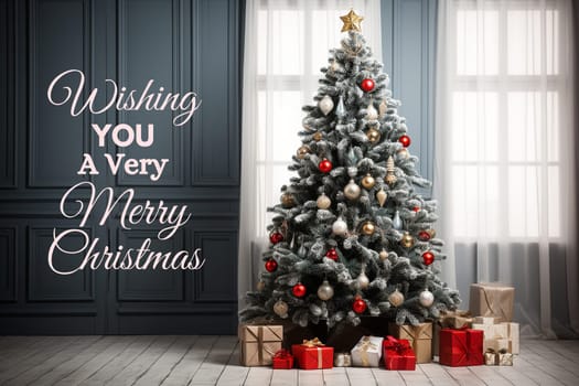 Merry Christmas and Happy New Year wishes with Christmas decorations background. Season's greetings.