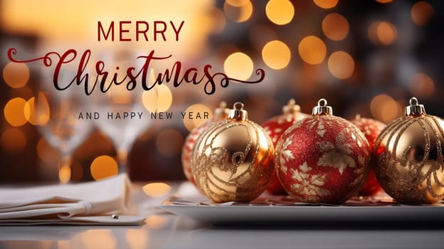 Merry Christmas and Happy New Year wishes with Christmas decorations background. Season's greetings.