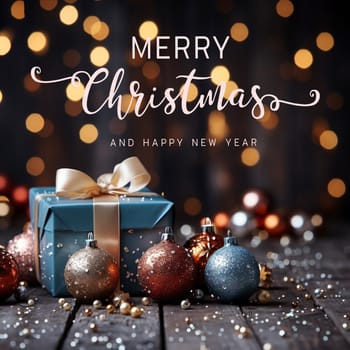Merry Christmas and Happy New Year wishes with Christmas decorations background. Season's greetings.
