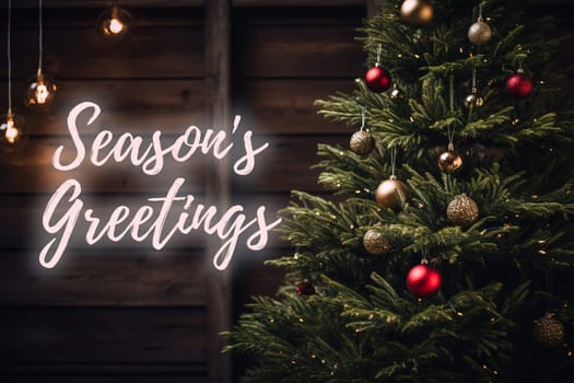 Merry Christmas and Happy New Year wishes with Christmas decorations background. Season's greetings.