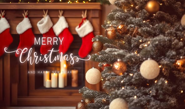 Merry Christmas and Happy New Year wishes with Christmas decorations background. Season's greetings.