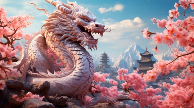 Happy chinese new year 2024 the dragon zodiac sign with blooming trees and mountains background. AI generated