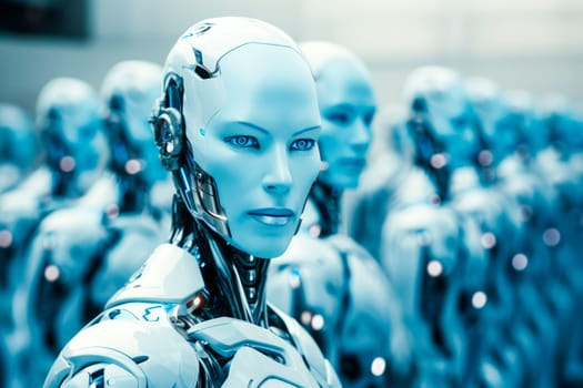 Group of of artificial intelligence female robots in a factory. AI generated