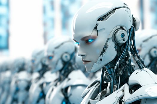 Group of of artificial intelligence robots in a factory. AI generated