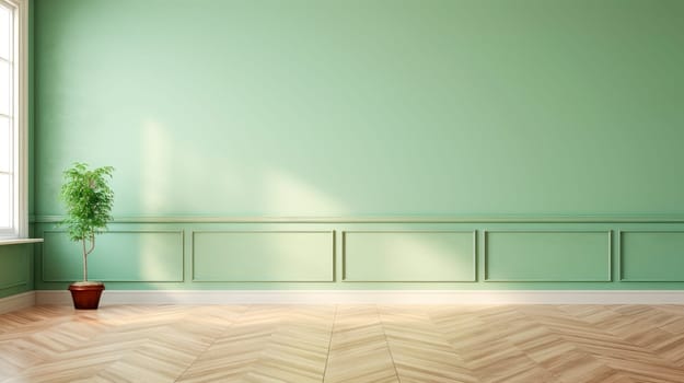 Empty living room with green wall and houseplant on a wooden floor. Copy space. AI generated