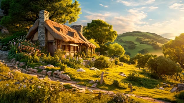 A cozy cottage nestled in the rolling hills. Scenic outdoor nature view with cottage in countryside. Calm country life. AI generated
