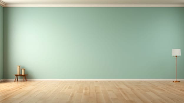 Empty living room with green wall and lamp on a wooden floor. Copy space. AI generated