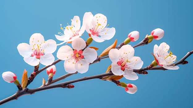 Cherry tree blossom. Floral nature and spring sakura blossom on soft blue background. Banner for 8th march, Happy Easter. Springtime concept. AI generated