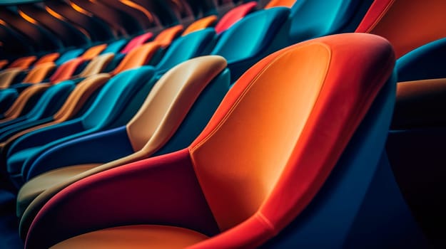 Empty rows of seats in the hall for a large number of people. Cinema and theatre hall for watching performances. AI generated