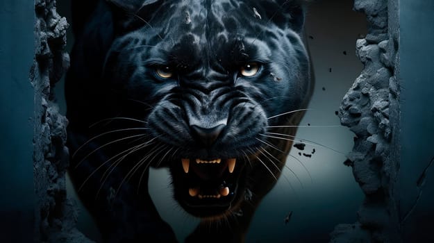 Angry panther breaking the wall. Threatening panther looking out of a hole in the wall. AI generated