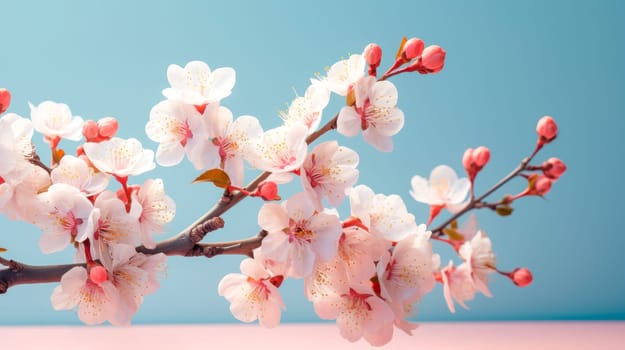 Cherry tree blossom. Floral nature and spring sakura blossom on soft blue background. Banner for 8th march, Happy Easter. Springtime concept. AI generated