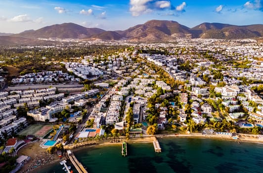 Aerial view of Gumbet, a neighbourhood of Bodrum in Mugla Province, Turkey.