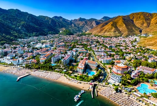 Aerial view of Icmeler, a neighbourhood of the municipality and district of Marmaris, Mugla Province, Turkey